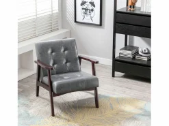 Sillón de cuero artificial tapizado estilo vintage - Sillón de madera natural para oficina o dormitorio, azul Gris Outlet