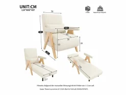 ModernLuxe Sillón individual 64x68,5x93 cm - convertible 3 en 1 - acolchado - lino - beige + natural Color natural claro / Blanco Discount