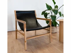 Rendez-Vous Déco Sillón lounge de teca y cuero de vaca - Apache Negro Clearance
