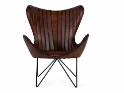 Sillón tapizado en piel natural marrón con patas de metal^Giner y colomer New