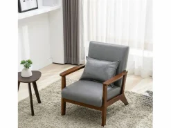 Sillón De Piel|Sillón tapizado estilo vintage de madera maciza - Silla de oficina/dormitorio (68,5 x 81 x 80 cm) en piel sintética gris