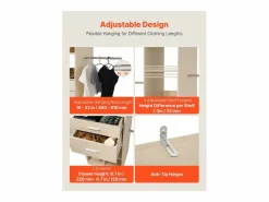 Sistema de Armario SucceBuy con 2 Cajones, Organizador de Madera de Altura Ajustable, Colgador de Ropa Equipado con 5 Barras Retráctiles, Acabado Roble Gris Sale