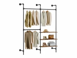 perchero industrial de pared con 3 barras y estantes de MDF, armario abierto^Sobuy New