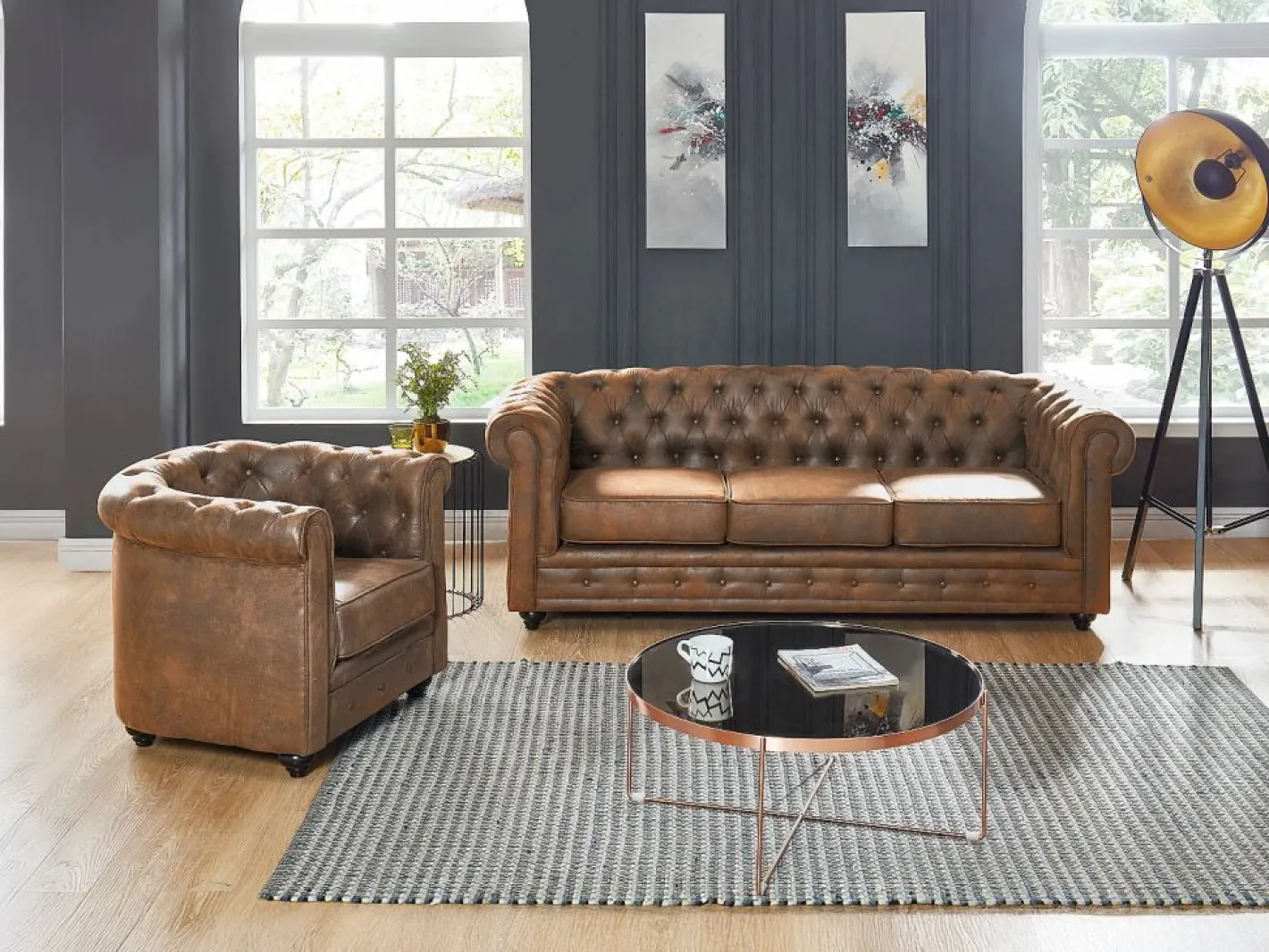 Sofá 3 plazas + Sillón CHESTERFIELD Microfibra envejecida^Vente-unique Online