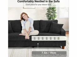DripeX Sofá 3 Plazas de Pana, con 2 Cojines, asientos extra profundos de 53cm, 220x76x84cm, Negro