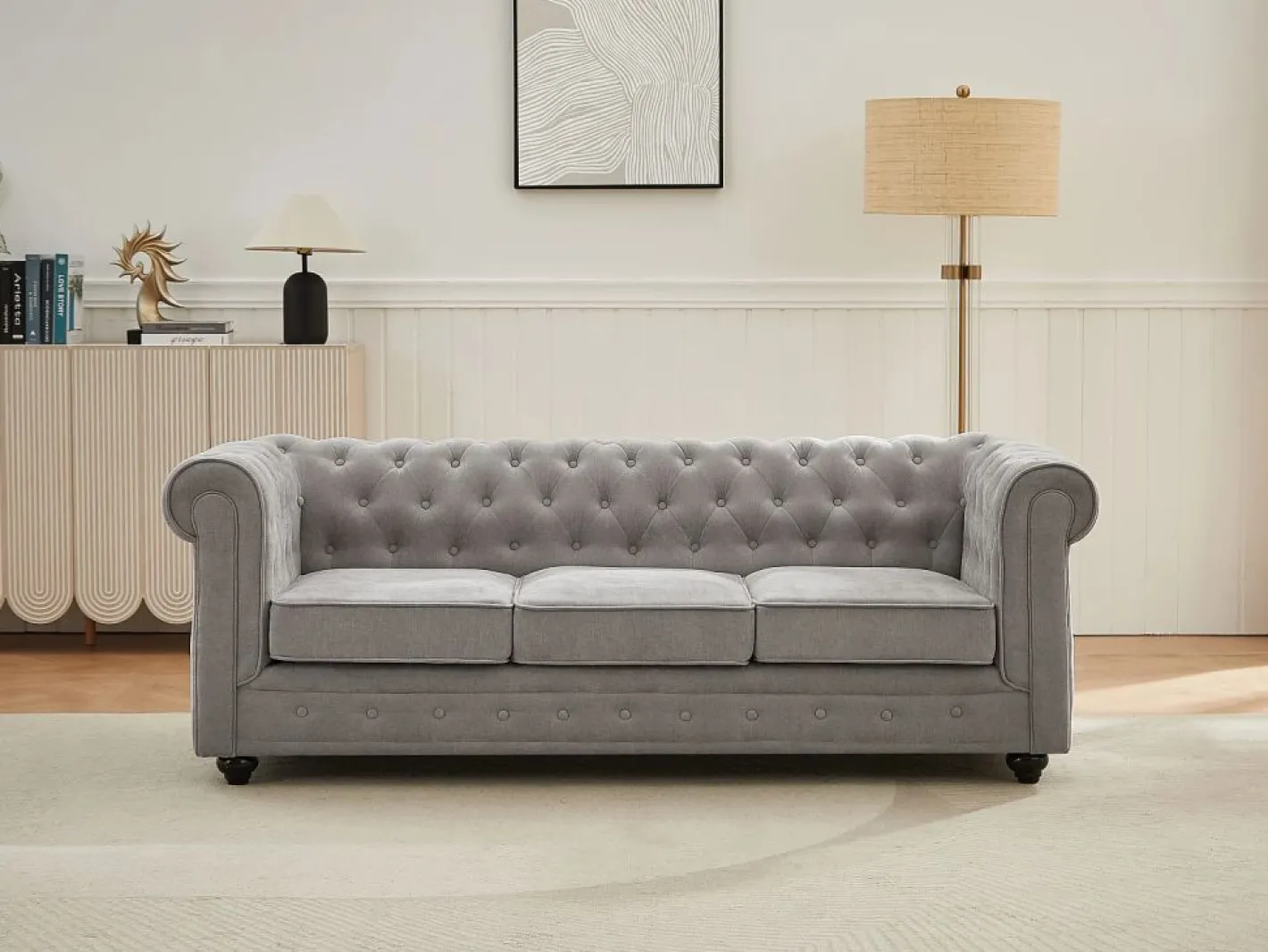 Vente-unique Sofá 3 plazas de tela color CHESTERFIELD Gris Discount