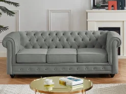 Vente-unique Sofás Chesterfield|Sofá 3 plazas de terciopelo color gris plata CHESTERFIELD