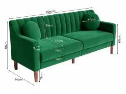 Sofá 3 plazas de terciopelo - patas de madera maciza 19cm - con 2 cojines - 206x74x83cm -^DripeX Clearance