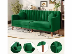 Sofá 3 plazas de terciopelo - patas de madera maciza 19cm - con 2 cojines - 206x74x83cm -^DripeX Clearance