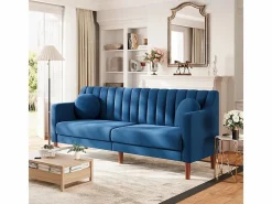 DripeX Sofá 3 plazas de terciopelo - patas de madera maciza 19cm - con 2 cojines - 206x74x83cm - Azul Clearance