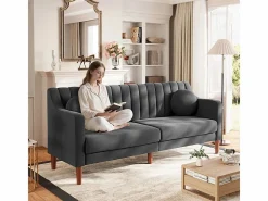 DripeX Sofá Escandinavo|Sofás Club|Sofá 3 plazas de terciopelo - patas de madera maciza 19cm - con 2 cojines - 206x74x83cm -