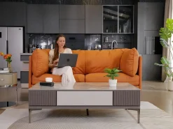 DripeX Sofá 2/3 plazas en imitación de piel, con 56 cm de profundidad y cómoda cojines de asiento, 185x76x90 cm, Naranja Hot