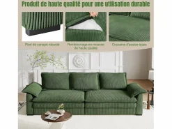 DripeX Sofá 3 plazas en pana, con 2 cojines de brazo, desmontables y lavables, 265x86x88cm, Verde