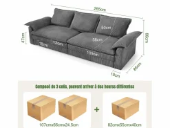 DripeX Sofá 3 plazas en pana, con 2 cojines de brazo, desmontables y lavables, 265x86x88cm, Gris Sale