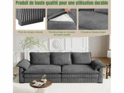 DripeX Sofá 3 plazas en pana, con 2 cojines de brazo, desmontables y lavables, 265x86x88cm, Gris Sale