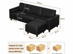 DripeX Sofá 3 plazas en skai, con otomana y 2 cojines redondos, estructura de madera, 234x155x88cm, Negro Hot