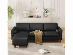 DripeX Sofá 3 plazas en skai, con otomana y 2 cojines redondos, estructura de madera, 234x155x88cm, Negro Hot