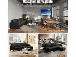 DripeX Sofá 3 plazas en skai, con otomana y 2 cojines redondos, estructura de madera, 234x155x88cm, Negro Hot