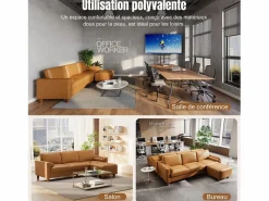 DripeX Sofás Club|Sofás De Piel Sintética|Sofá 3 plazas en skai, con otomana y 2 cojines redondos, estructura de madera, 234x155x88cm,