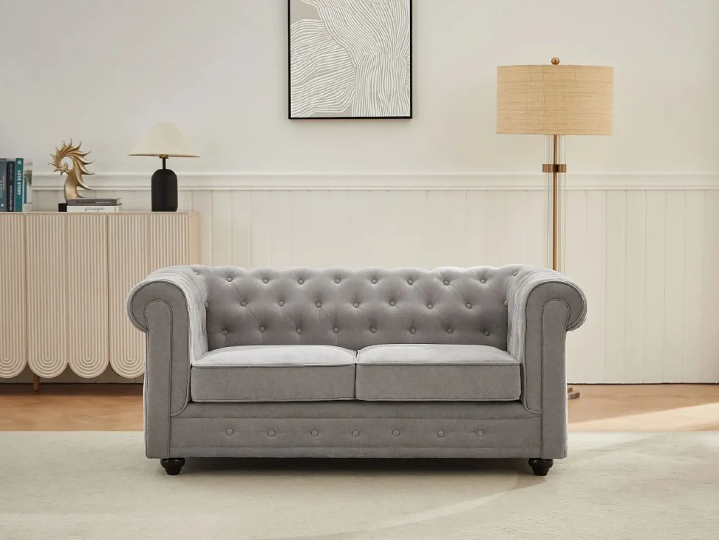 Vente-unique Sofá 2 plazas en tela color CHESTERFIELD Gris Clearance