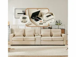 Sofá 4 plazas moderno de lino - con USB y portavasos - 4 cojines - 290x83x88cm -^DripeX Sale