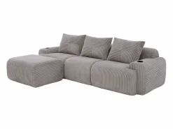 DripeX Sofá 3 plazas ángulo modular terciopelo acanalado, puf, portavasos y bolsillo, 268x174x80cm, Gris claro Sale