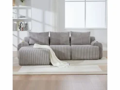 DripeX Sofá 3 plazas ángulo modular terciopelo acanalado, puf, portavasos y bolsillo, 268x174x80cm, Gris claro Sale