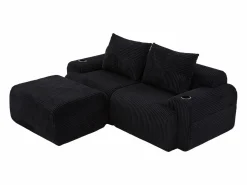 DripeX Sofá 2 plazas ángulo modular terciopelo acanalado, puf, portavasos y bolsillo, 200x174x80cm, Negro Clearance