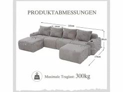 Sofá 4 plazas ángulo modular terciopelo acanalado, 2 pufs y 4 cojines, 333x174x80cm,^DripeX Clearance