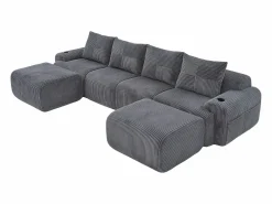 Sofá 4 plazas ángulo modular terciopelo acanalado, 2 pufs y 4 cojines, 333x174x80cm,^DripeX Best