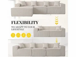 DripeX Sofá 3 plazas ángulo modular - Terciopelo acanalado - puf y 4 orejeros - 277x165.5x65.5cm Beige Sale