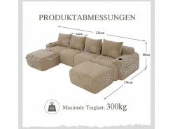 DripeX Sofá 4 plazas ángulo modular terciopelo acanalado, 2 pufs y 4 cojines, 333x174x80cm, Caqui Hot