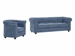 Vente-unique Sofá 3 plazas y sillón en tela CHESTERFIELD Azul Outlet