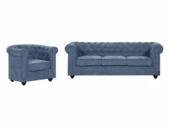 Vente-unique Sofá 3 plazas y sillón en tela CHESTERFIELD Azul Outlet