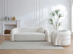 Maison Céphy Sofá 3 plazas y sillón giratorio en tela bouclé LAPIOTA de Blanco