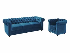 Vente-unique Conjunto Sofá Y Sillón|Sofá 3 plazas+sillón terciopelo verde azulado CHESTERFIELD