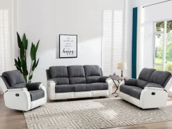 Vente-unique Conjunto Sofás|Sofá 3+2 relax de microfibra y piel sintética gris y blanco BRODY
