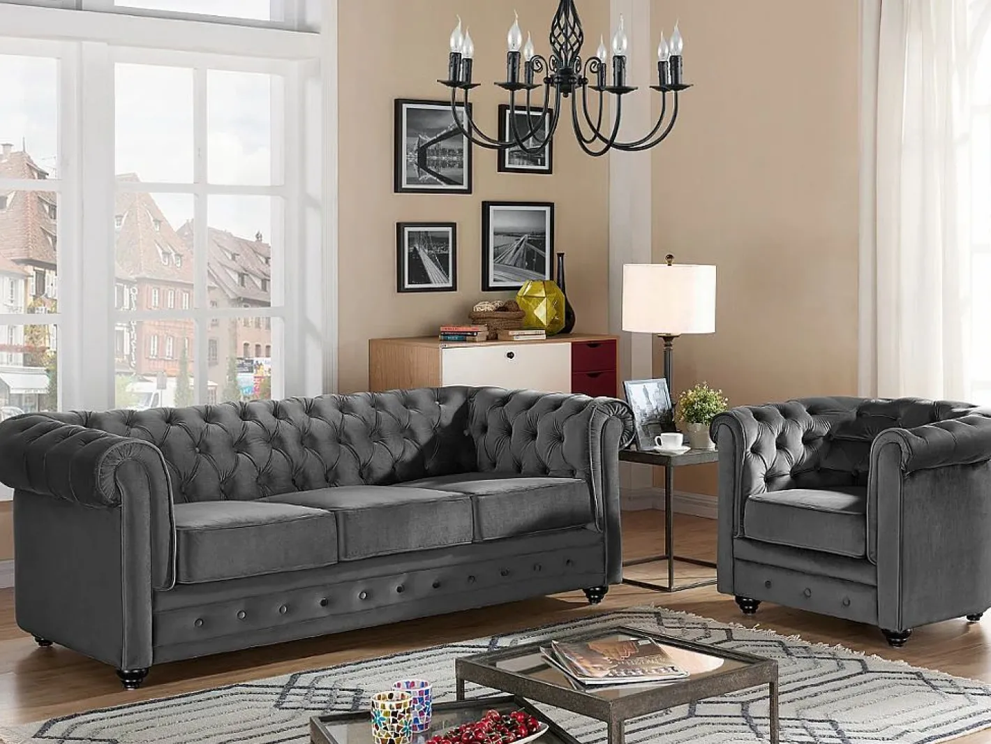 Vente-unique Sofá 3+1+1 terciopelo color CHESTERFIELD Gris antracita New