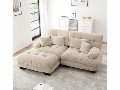 DripeX Sofá angular 2 plazas de tejido Chenilla, con 4 cojines, otomana extraíble, combinación DIY, 220x145x81cm, Beige Sale