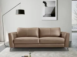 Sofá BATUCO de 3 plazas en piel marrón con ribete beige^Vente-unique Online