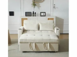Sofá de 2 plazas - Sillón convertible con portavasos y bolsillo portaobjetos - cojines y ruedas Beige Hot