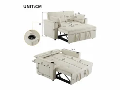 Sofá de 2 plazas - Sillón convertible con portavasos y bolsillo portaobjetos - cojines y ruedas Beige Hot