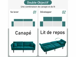 Sofá cama 2 en 1 regulable - Respaldo regulable - Patas de sofá de madera y cojines incluidos - Terciopelo - 176 x 78 x 76 cm - Verde Outlet