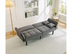 Sofá cama 2 en 1 regulable - Respaldo regulable - Patas de madera y cojines incluidos - Terciopelo - 176 x 78 x 76 cm - Gris Sale