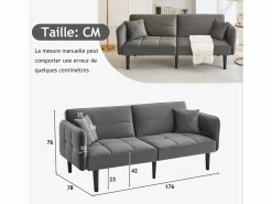 Sofá cama 2 en 1 regulable - Respaldo regulable - Patas de madera y cojines incluidos - Terciopelo - 176 x 78 x 76 cm - Gris Sale