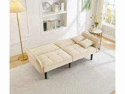 Sofá Vintage|Sofá cama 2 en 1 regulable - Respaldo regulable - Patas de madera y cojines incluidos - Terciopelo - 176 x 78 x 76 cm - Beige