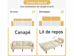 Sofá Vintage|Sofá cama 2 en 1 regulable - Respaldo regulable - Patas de madera y cojines incluidos - Terciopelo - 176 x 78 x 76 cm - Beige