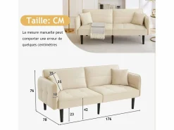 Sofá Vintage|Sofá cama 2 en 1 regulable - Respaldo regulable - Patas de madera y cojines incluidos - Terciopelo - 176 x 78 x 76 cm - Beige