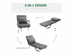Sofá cama 3 en 1, sillón convertible en cama, colchón plegable, chaise longue en polipiel (65x69x80 cm)^ Clearance