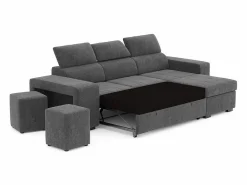 Sofá Cama 3 Plazas Oscuro con Chaise Longue Reversible Lado Derecho/Izquierdo - Reposacabezas Ajustables - 2 Pufs (263 x 127 x 96 cm) - JOHN^